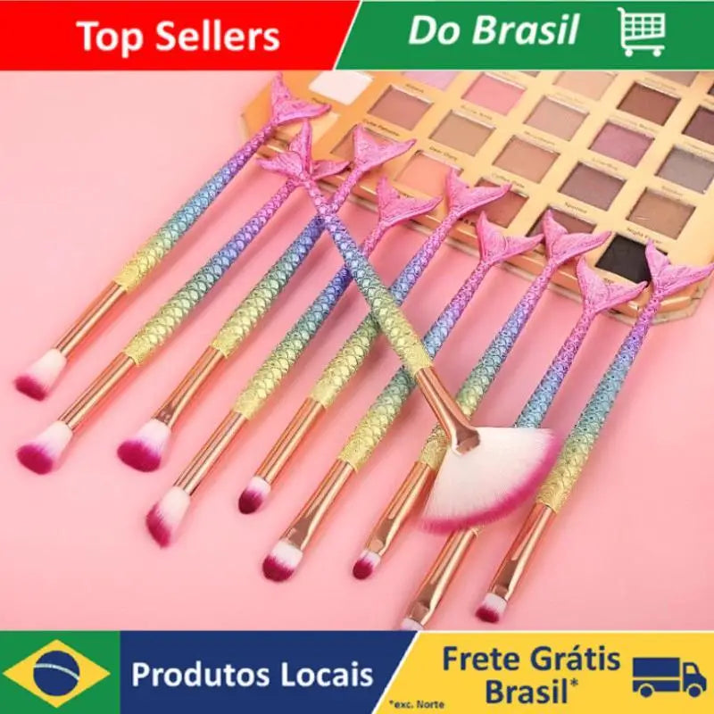 Kit 10 pincéis de maquiagem sereia - conjunto profissional